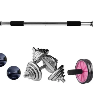 Zertifiziert Workout Komplett-Set Klimmzugstange 60-90 cm + 2x Liegestützgriffe + Kurzhantel Set 15kg Gusseisen + Wheel Bauch Roller